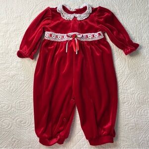 Vintage Girls Christmas Romper 3-6 Month Red Velvet Lace Trim Holiday Winter EUC